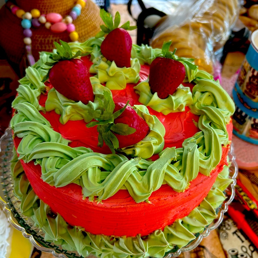 Faux Strawberry Cake with Green Frosting